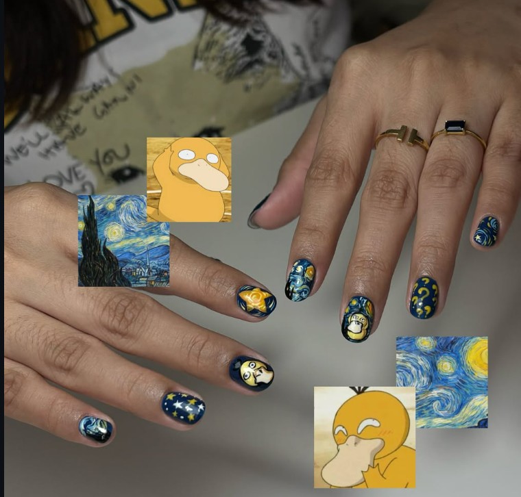 Van Gogh Starry Night and Psyduck nail art